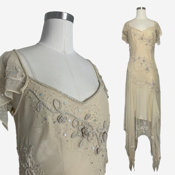 Vintage Sue Wong Nude mesh asymmetric 3D floral beaded dress boho fairy bridal S - Picture 1 of 14